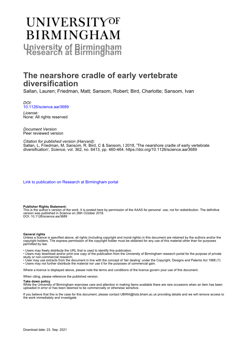 University of Birmingham the Nearshore Cradle of Early Vertebrate Diversification