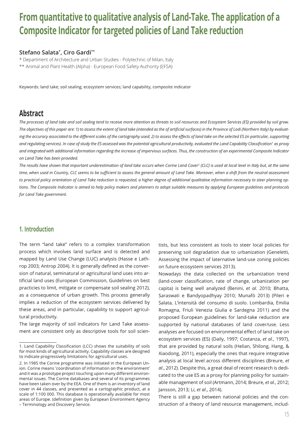 From Quantitative to Qualitative Analysis of Land-Take. the Application of a Composite Indicator for Targeted Policies of Land Take Reduction