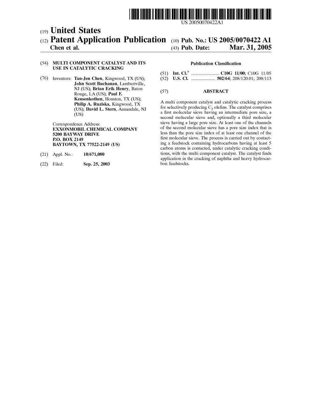 (12) Patent Application Publication (10) Pub. No.: US 2005/0070422 A1 Chen Et Al