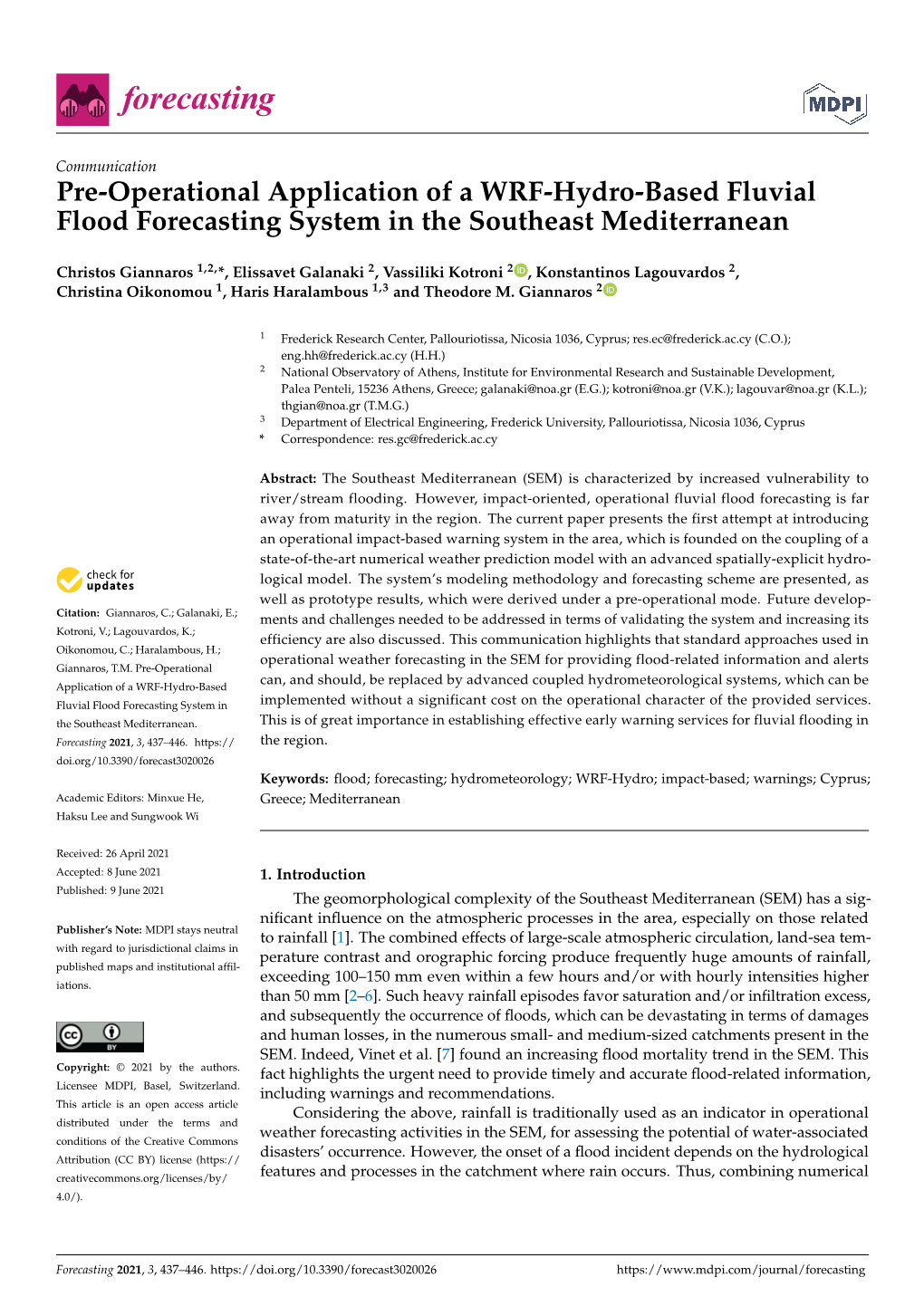Pre-Operational Application of a WRF-Hydro-Based Fluvial Flood Forecasting System in the Southeast Mediterranean
