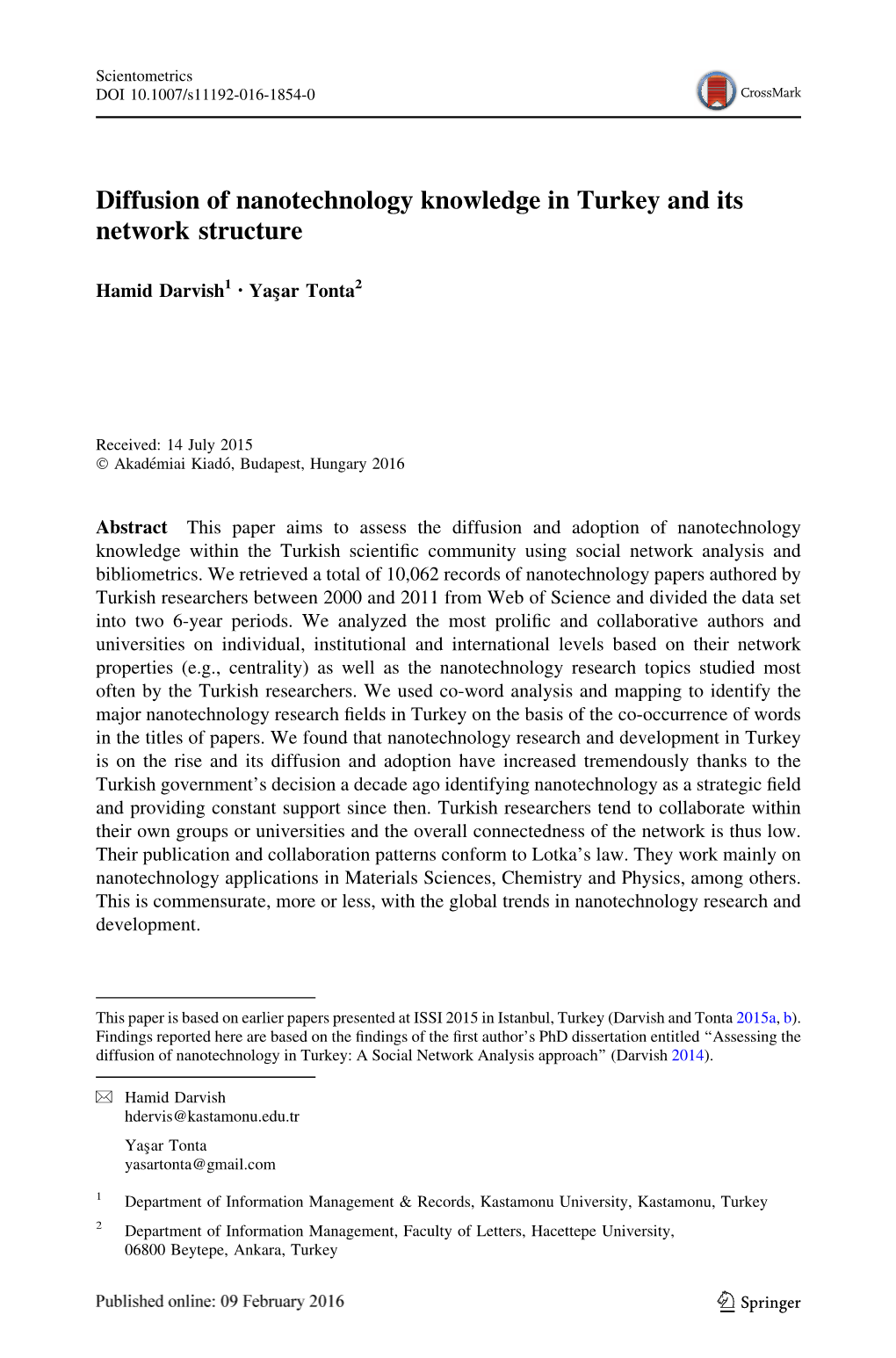 Diffusion of Nanotechnology Knowledge in Turkey and Its Network Structure