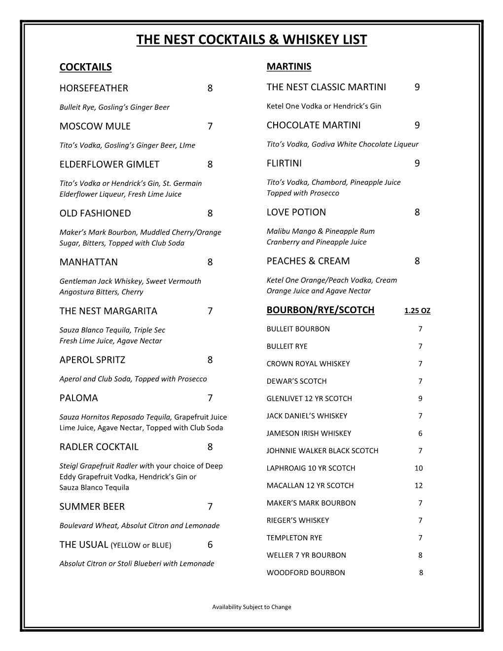 The Nest Cocktails & Whiskey List