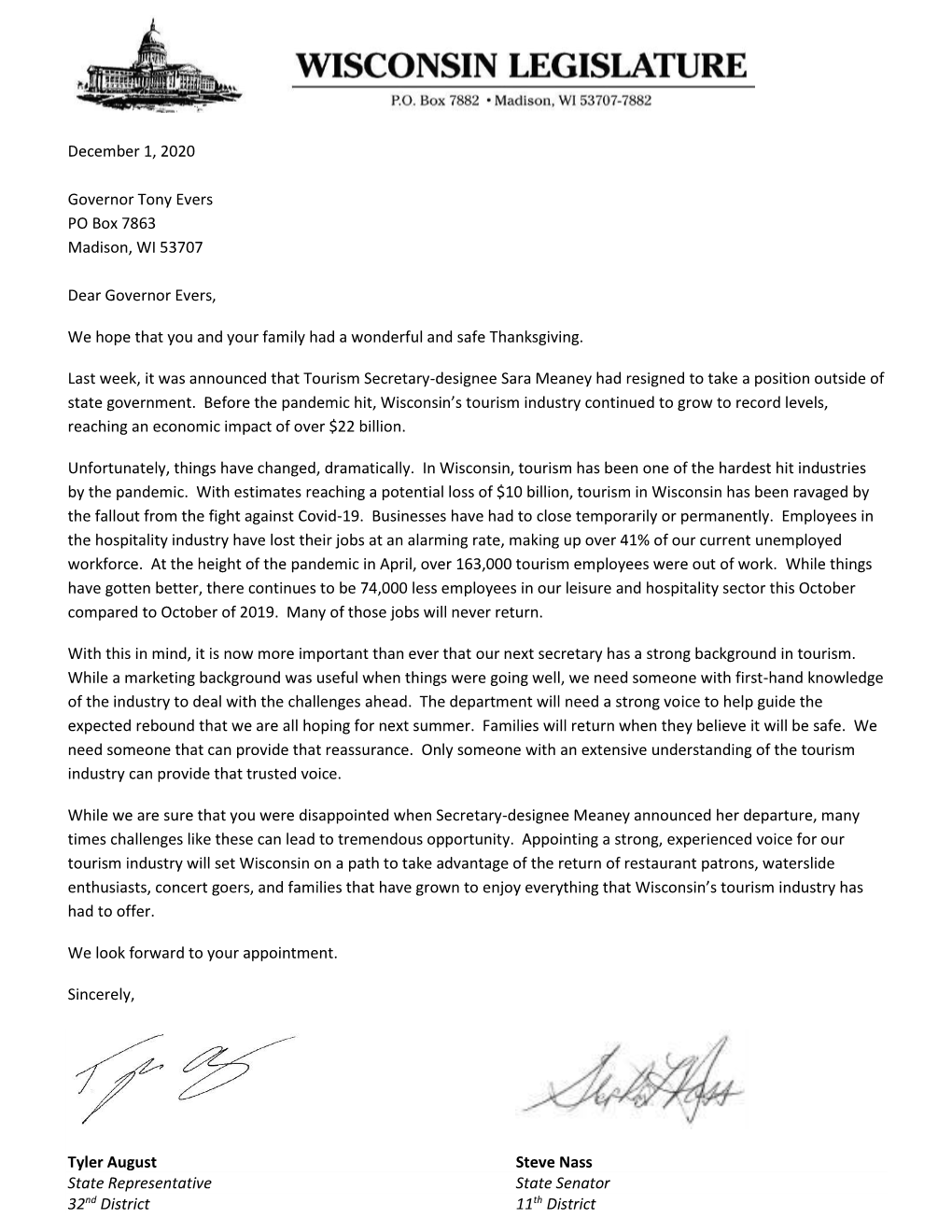 December 1, 2020 Governor Tony Evers PO Box 7863 Madison, WI