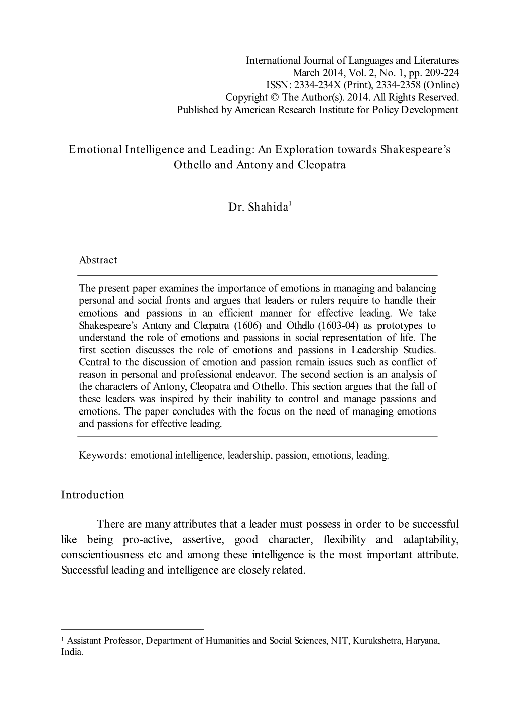 Emotional Intelligence and Leading: an Exploration Towards Shakespeare’S Othello and Antony and Cleopatra