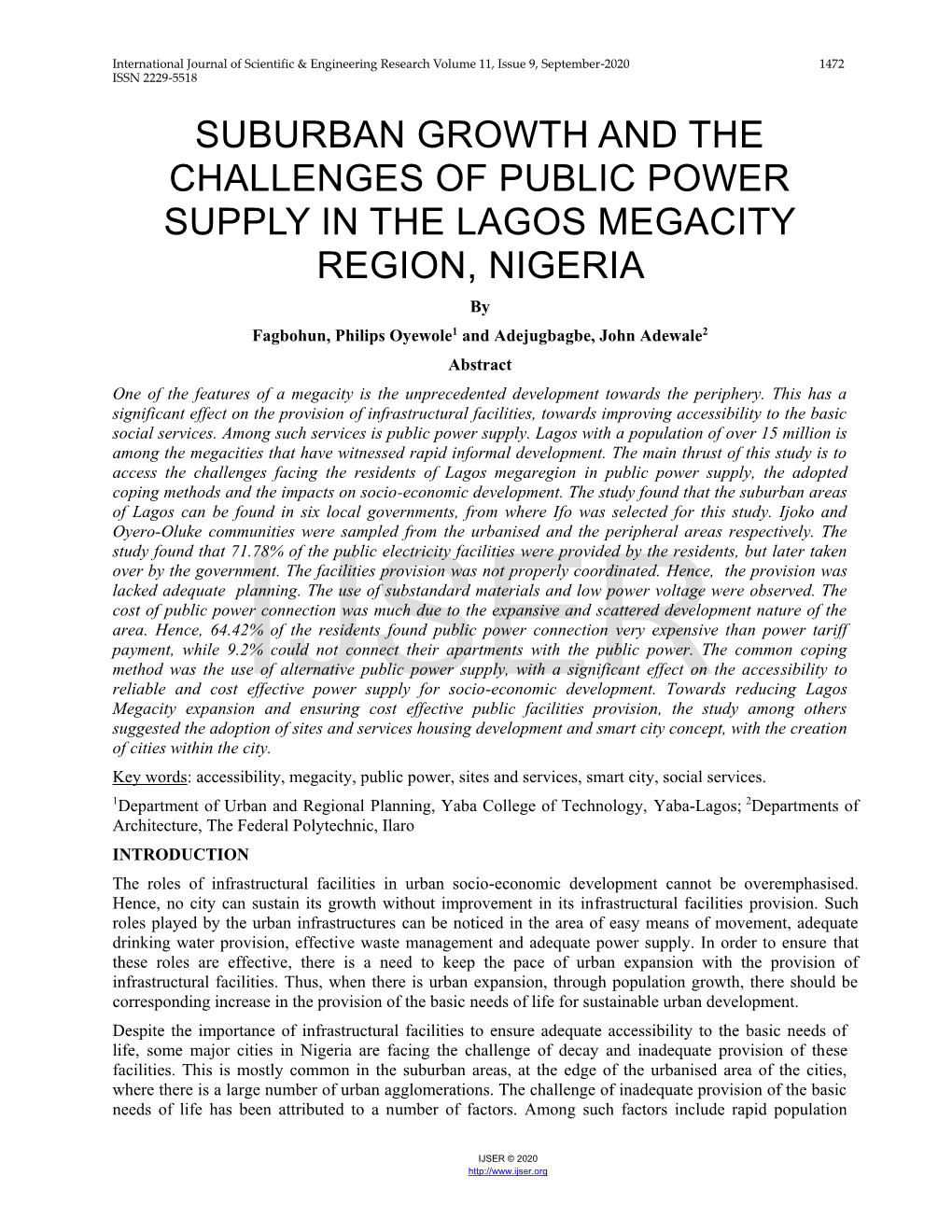 Suburban Growth and the Challenges of Public Power Supply in the Lagos