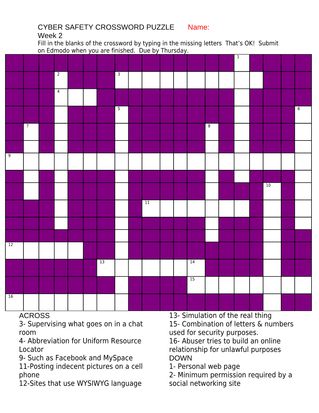Cyber Safety Crossword Puzzle