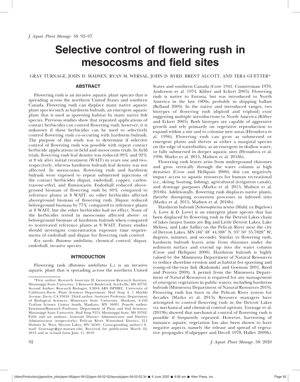Selective Control of Flowering Rush in Mesocosms and Field Sites
