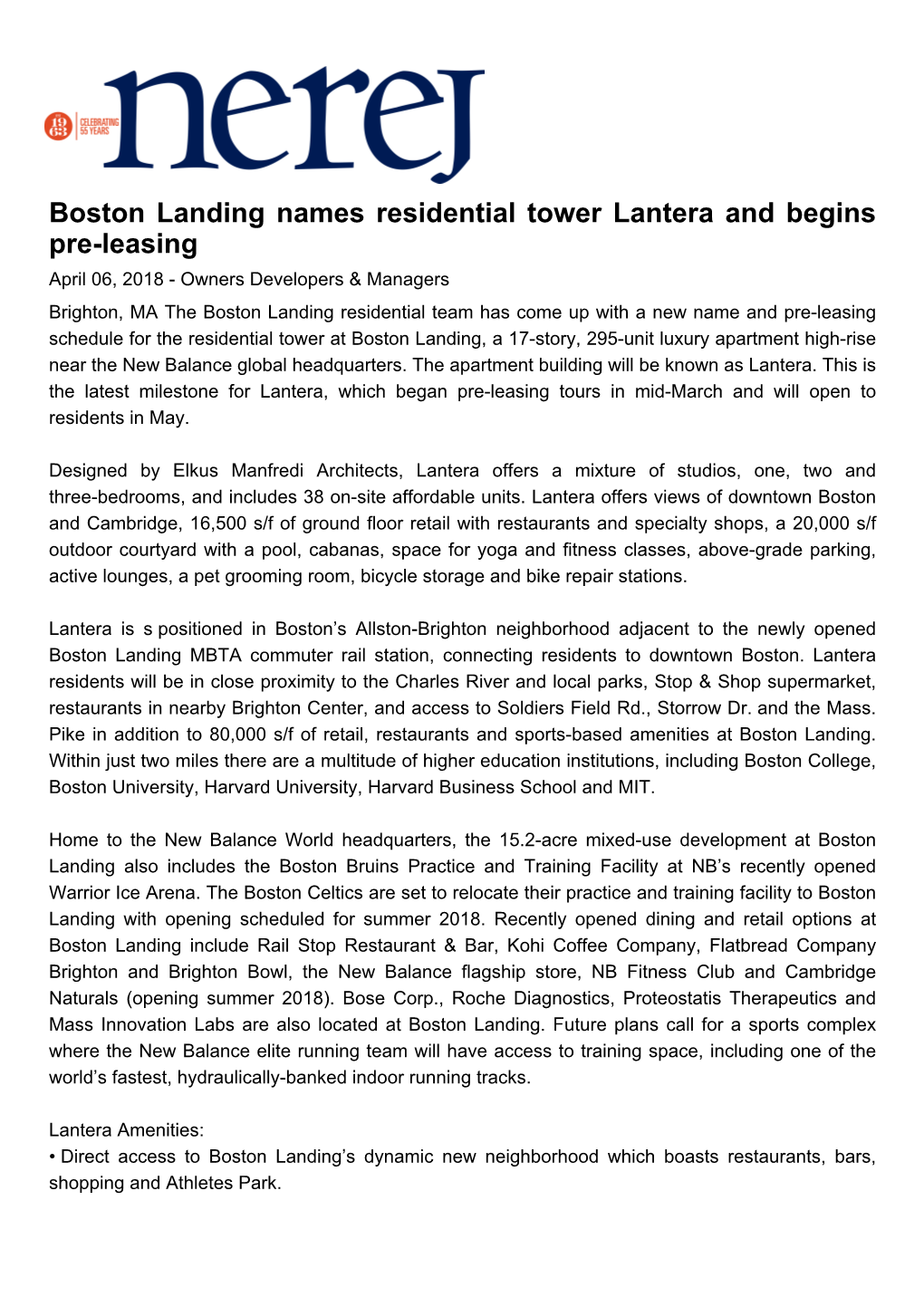 Boston Landing Names Residential Tower Lantera and Begins Pre-Leasing