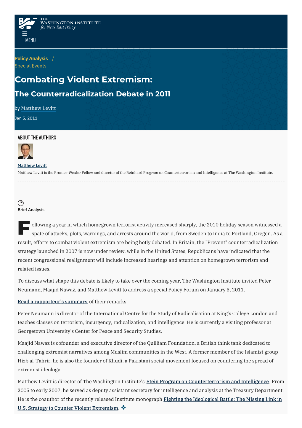 Combating Violent Extremism: the Counterradicalization Debate in 2011 by Matthew Levitt
