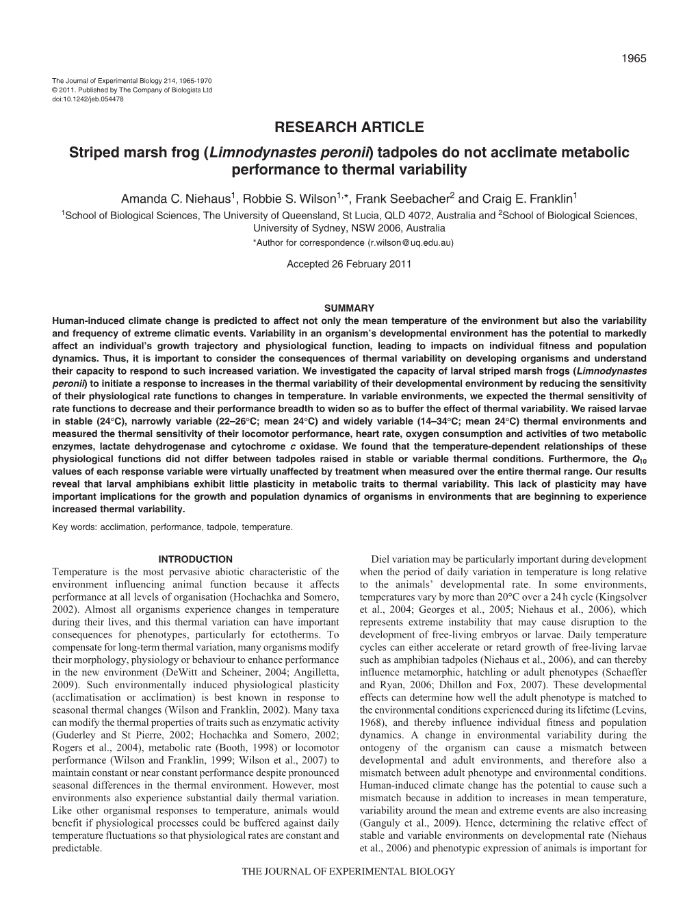 RESEARCH ARTICLE Striped Marsh Frog (Limnodynastes Peronii) Tadpoles Do Not Acclimate Metabolic Performance to Thermal Variability