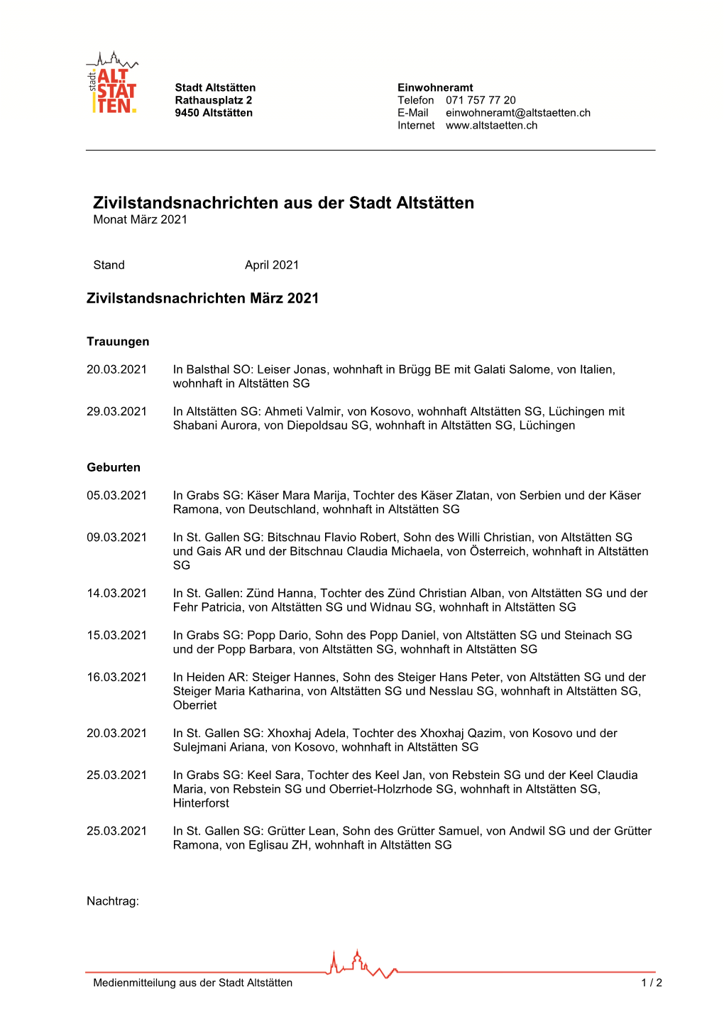 Zivilstandsnachrichten Aus Der Stadt Altstätten Monat Februar 2020