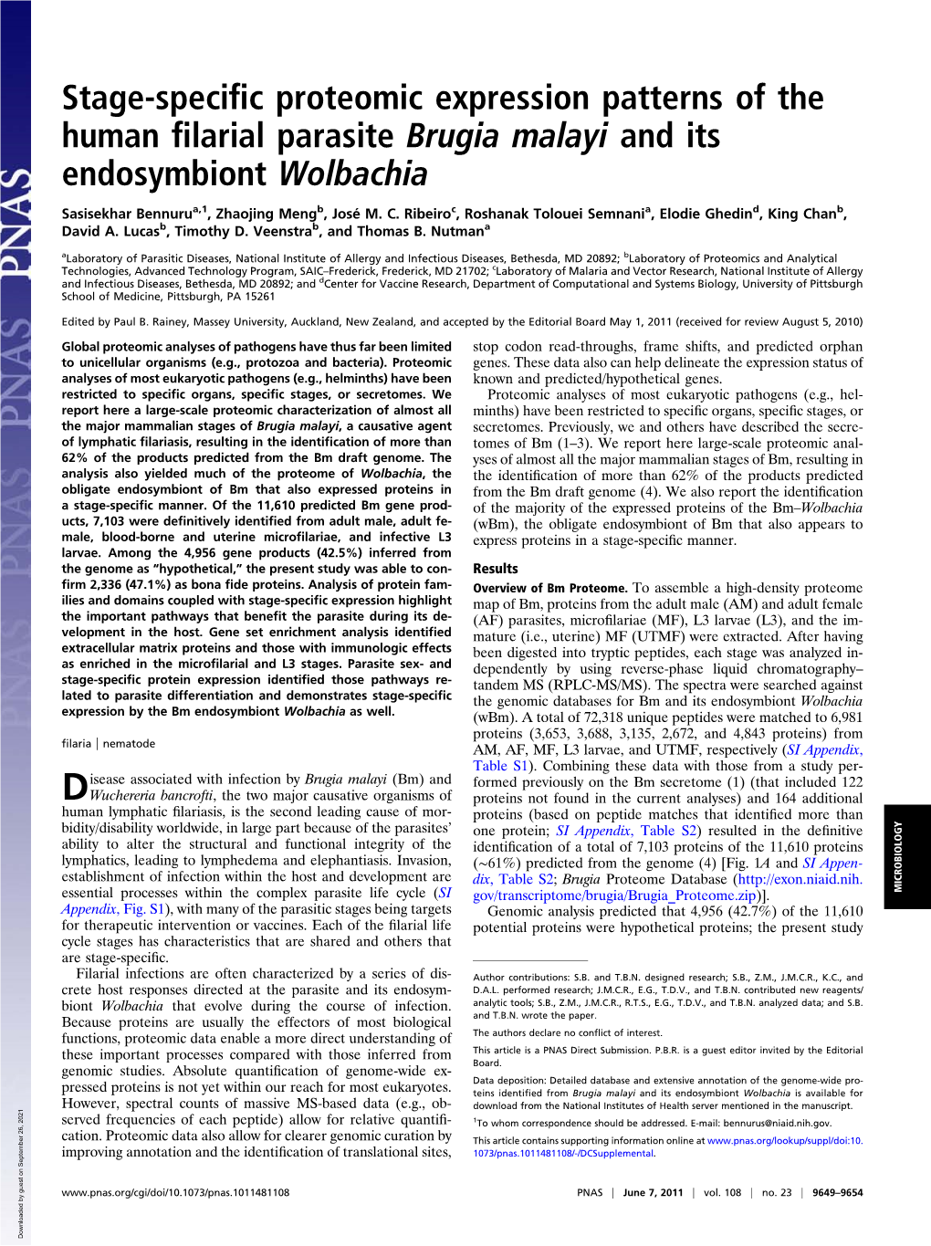 Stage-Specific Proteomic Expression Patterns of the Human Filarial