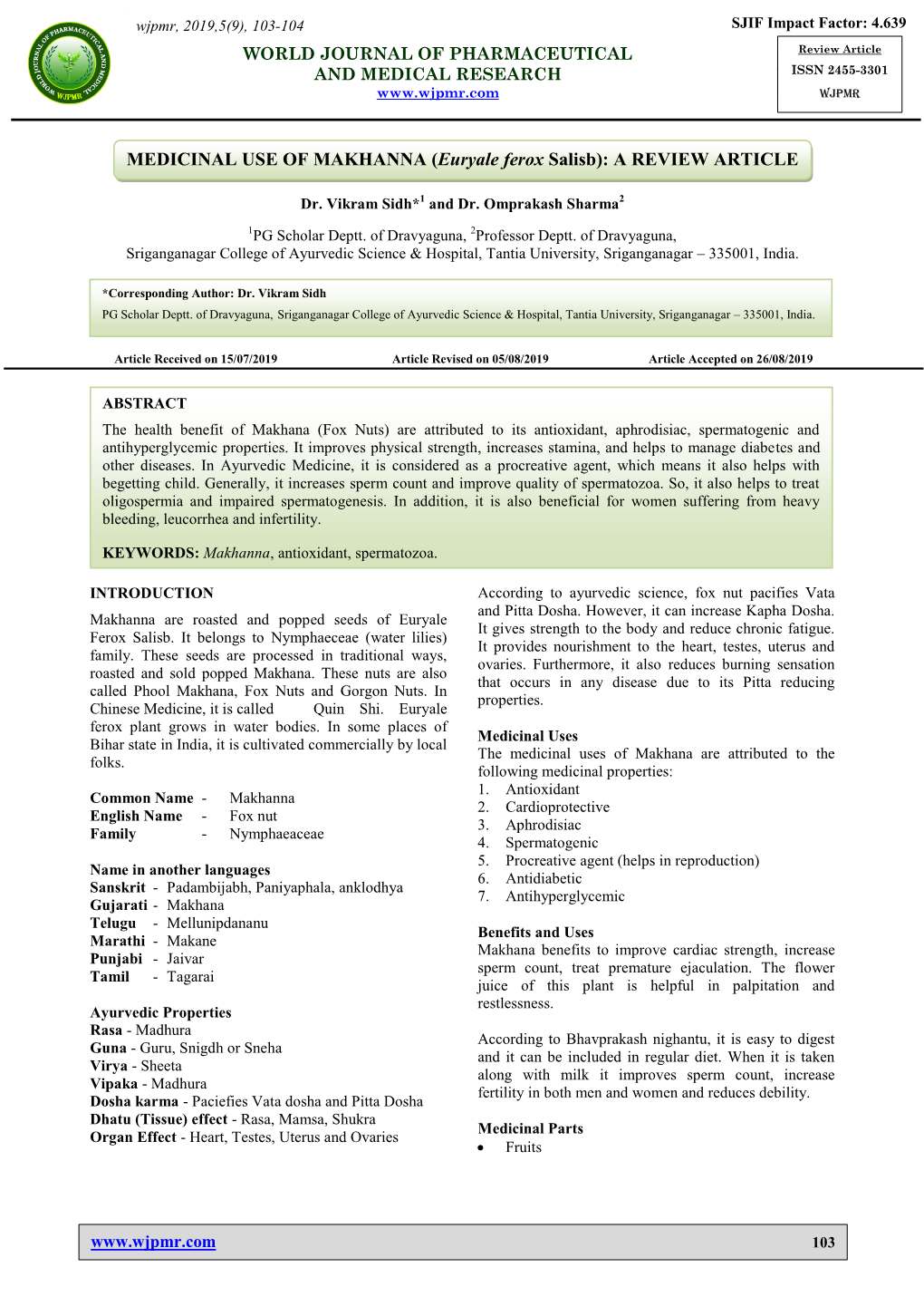 Euryale Ferox Salisb): a REVIEW ARTICLE