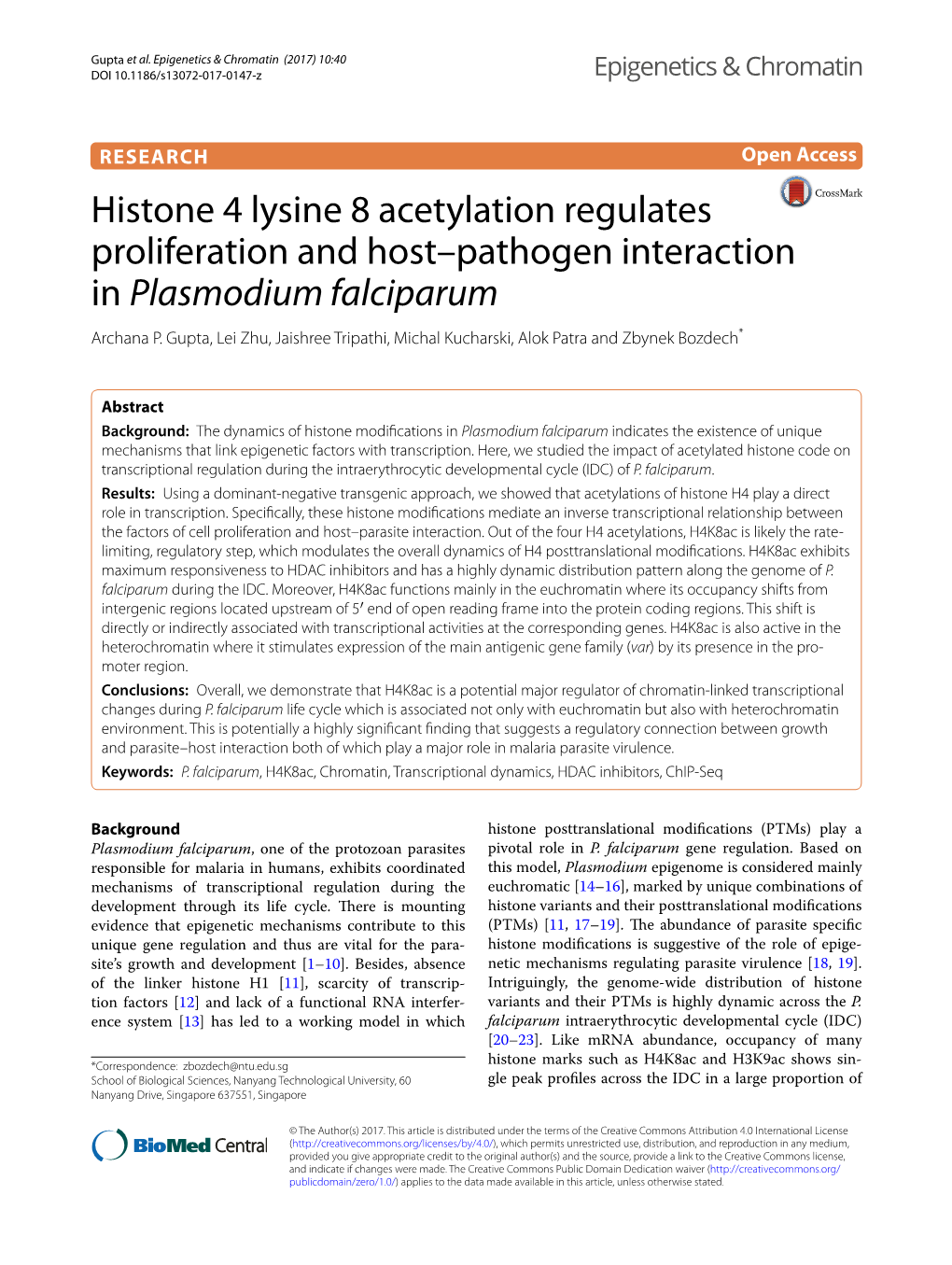 Histone 4 Lysine 8 Acetylation Regulates Proliferation and Host–Pathogen Interaction in Plasmodium Falciparum Archana P