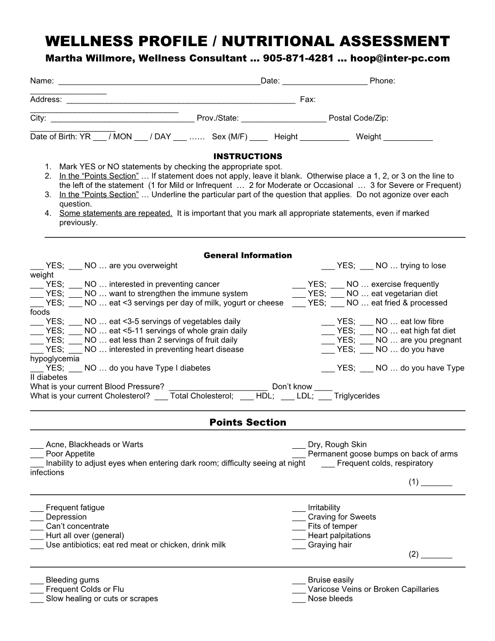 Wellness Profile / Nutritional Assessment