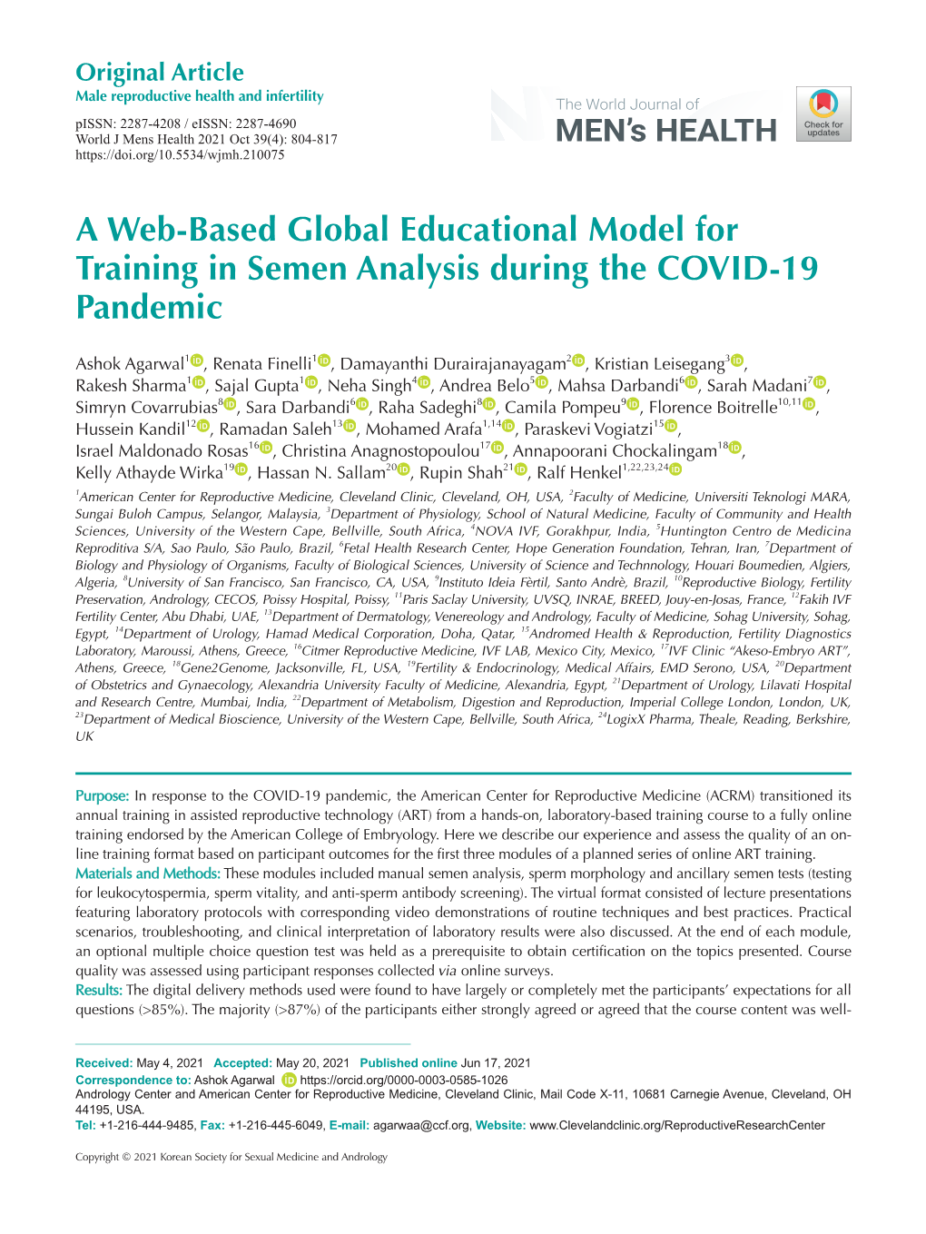 A Web-Based Global Educational Model for Training in Semen Analysis During the COVID-19 Pandemic