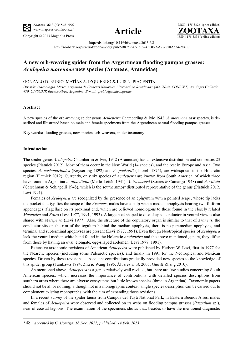 A New Orb-Weaving Spider from the Argentinean Flooding Pampas Grasses: Aculepeira Morenoae New Species (Araneae, Araneidae)