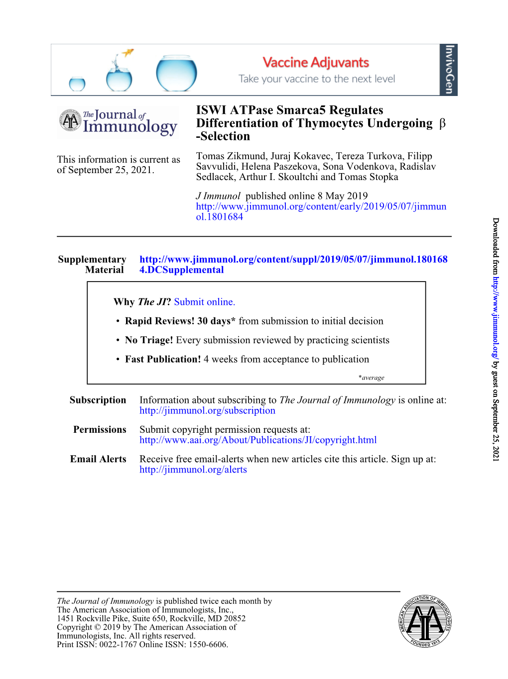 ISWI Atpase Smarca5 Regulates Differentiation of Thymocytes Undergoing Β -Selection