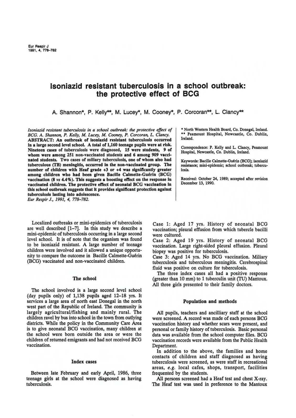Isoniazid Resistant Tuberculosis in a School Outbreak: the Protective Effect of BCG