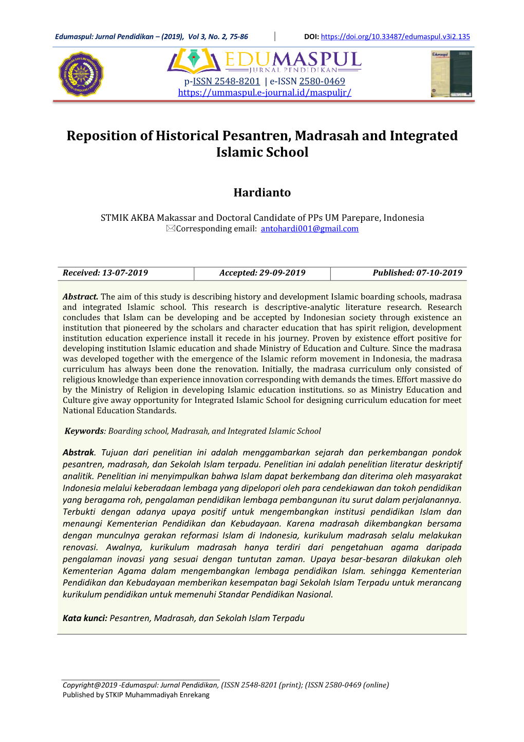 Reposition of Historical Pesantren, Madrasah and Integrated Islamic School