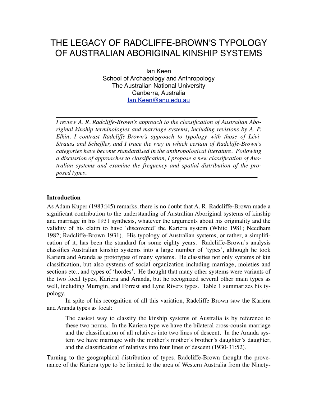 The Legacy of Radcliffe-Brown's Typology of Australian Aboriginal Kinship Systems