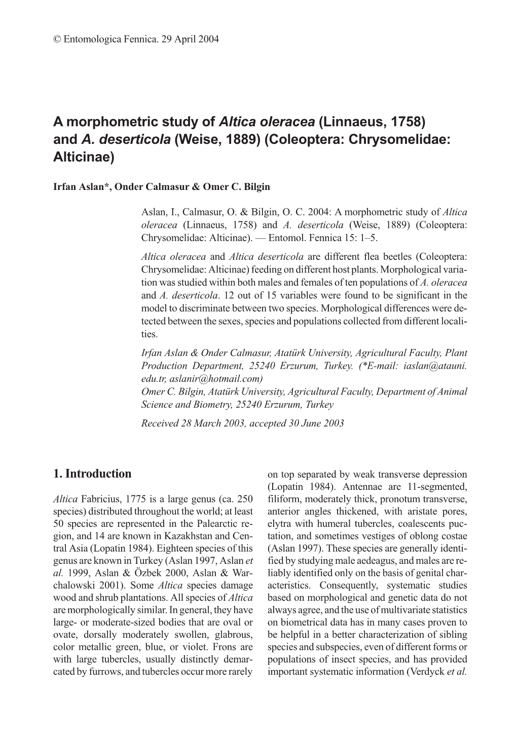 A Morphometric Study of Altica Oleracea (Linnaeus, 1758) and A