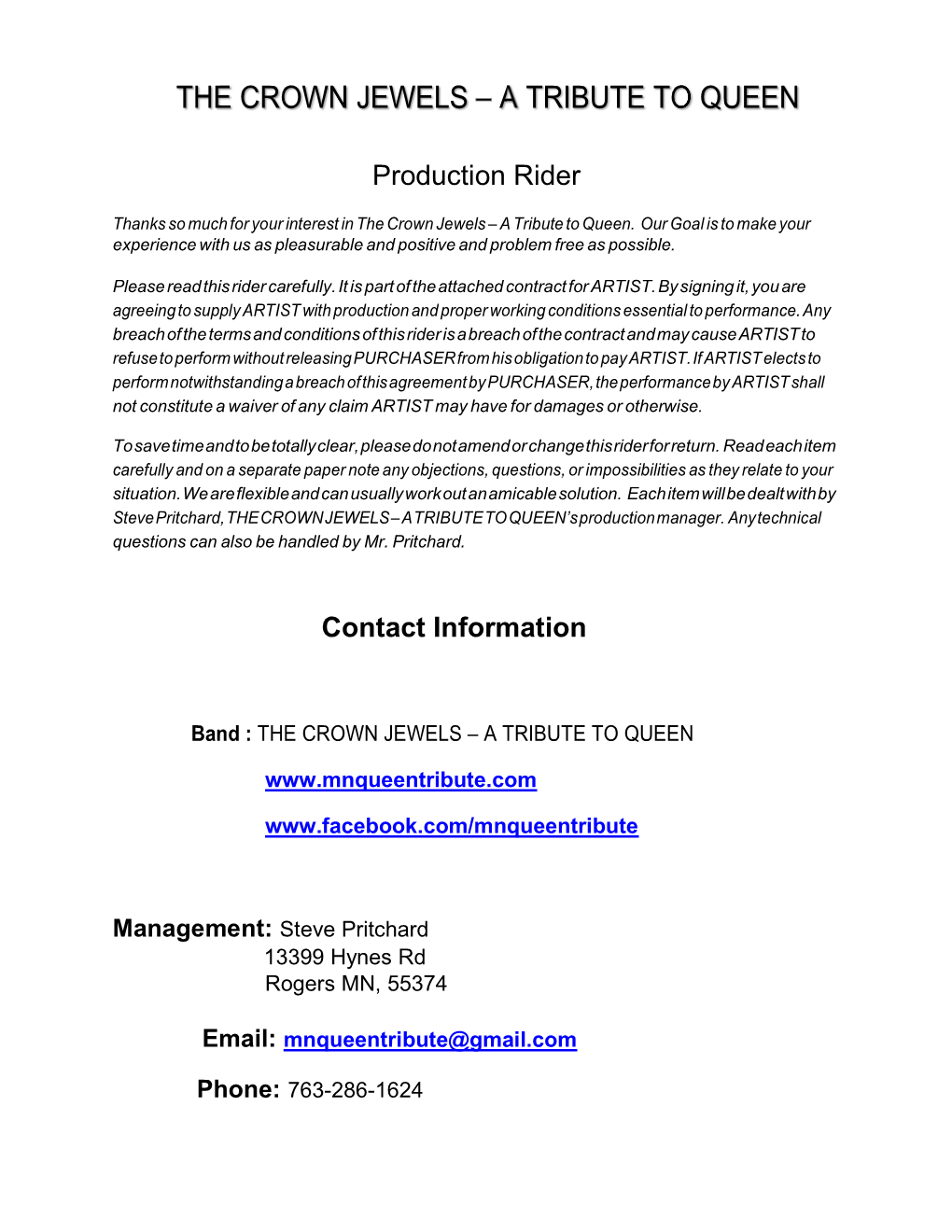 Production Rider Contact Information