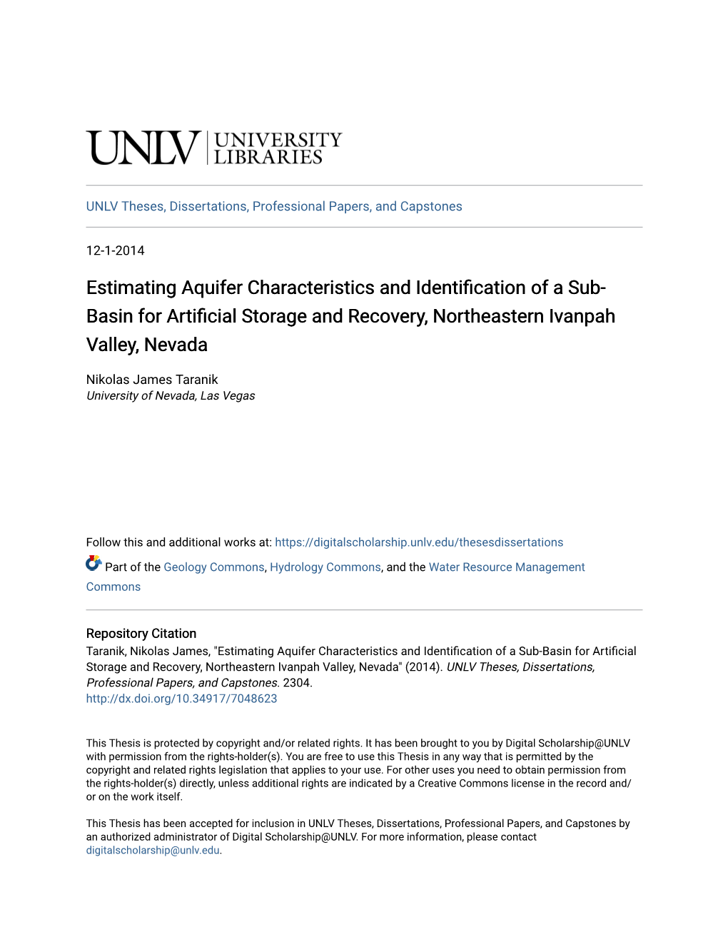 Estimating Aquifer Characteristics and Identification of a Sub-Basin for Artificial Storage and Recovery, Northeastern Ivanpah Valley, Nevada