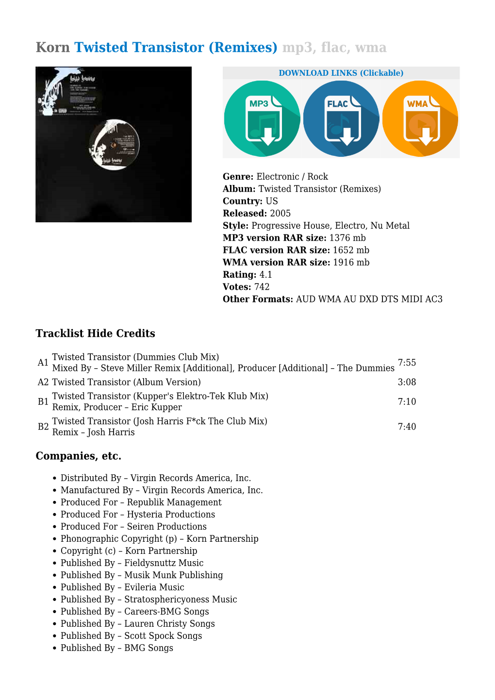 Korn Twisted Transistor (Remixes) Mp3, Flac, Wma