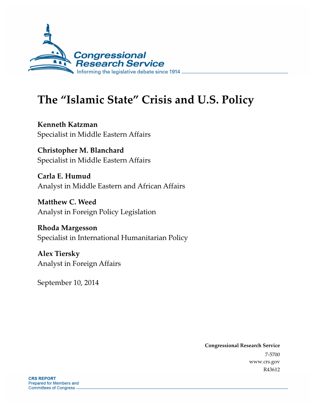 The "Islamic State" Crisis and U.S. Policy