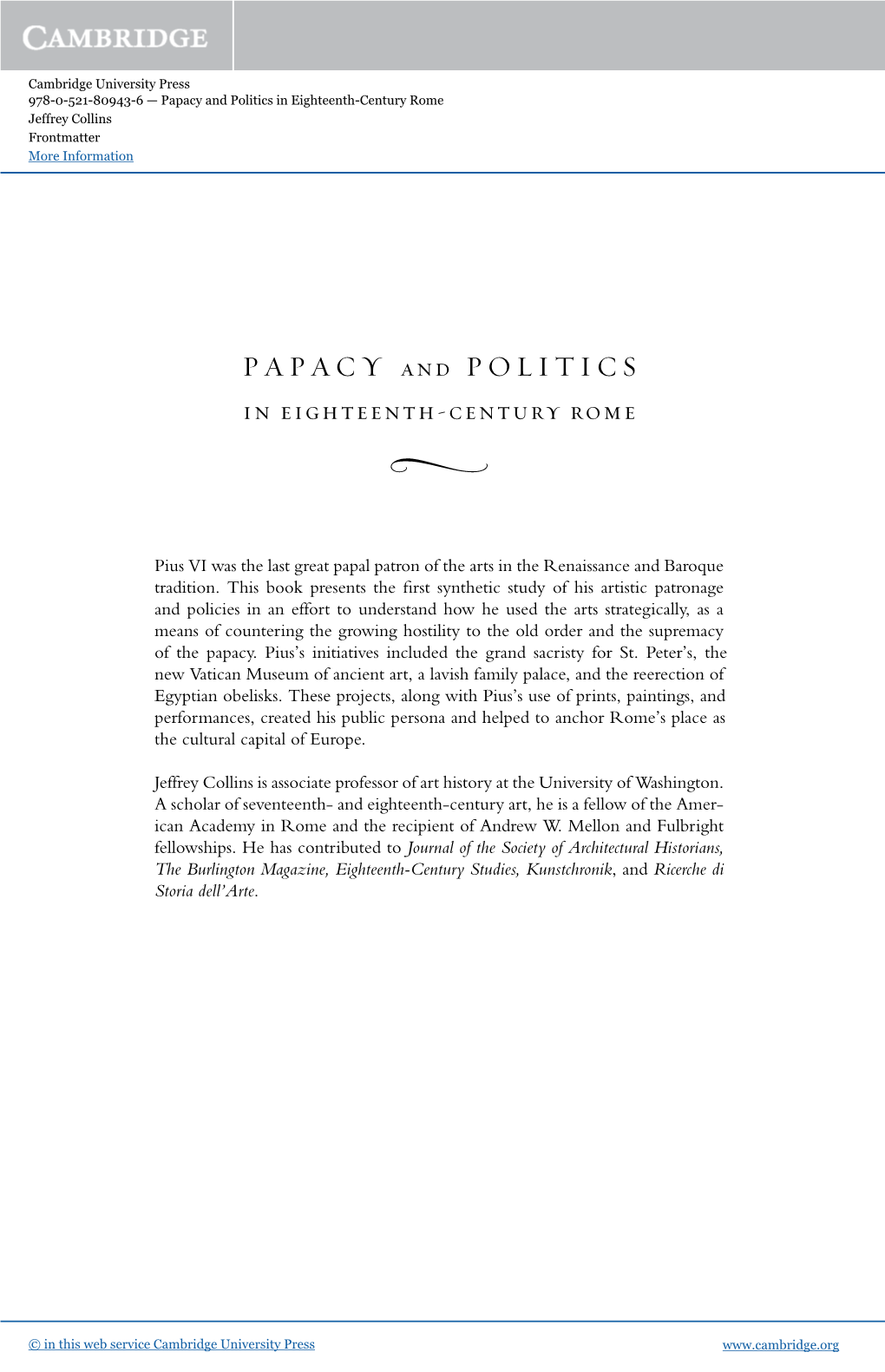 Papacy and Politics in Eighteenth-Century Rome Jeffrey Collins Frontmatter More Information