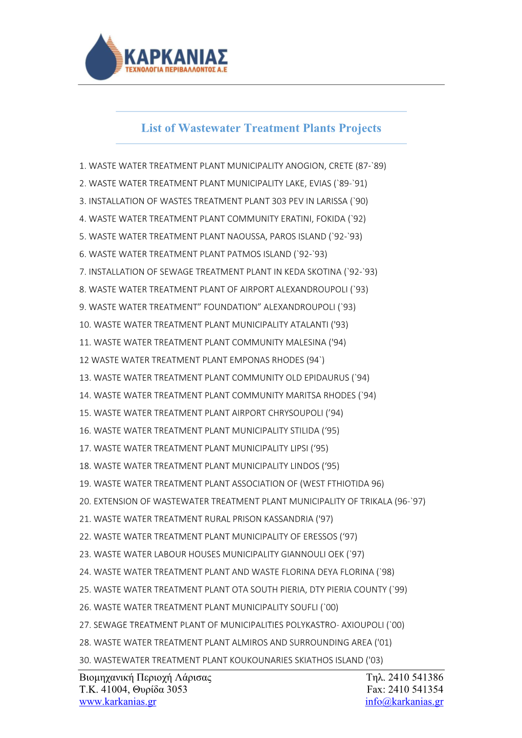 List of Wastewater Treatment Plants Projects