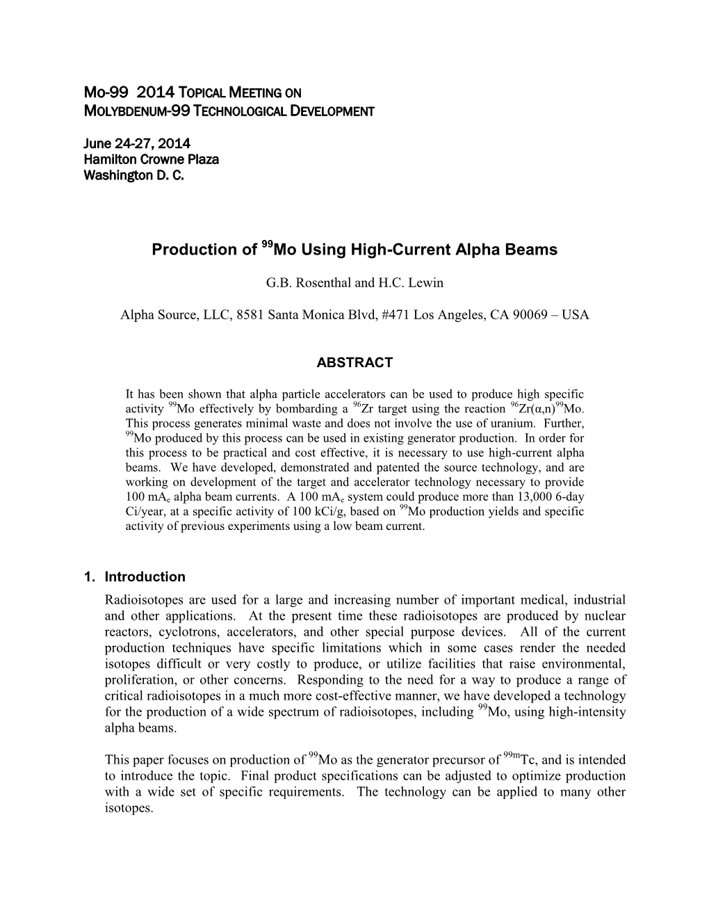 Mo-99 2014 TOPICAL MEETING on Production of Mo Using High