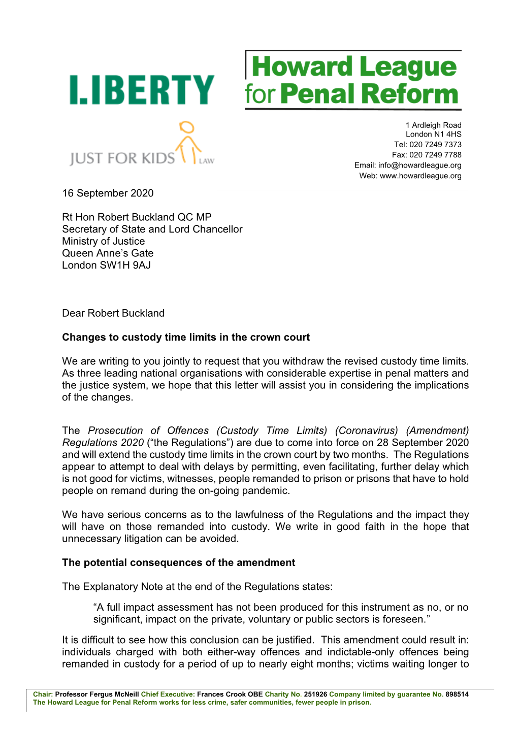 Letter to Rt Hon Robert Buckland QC MP