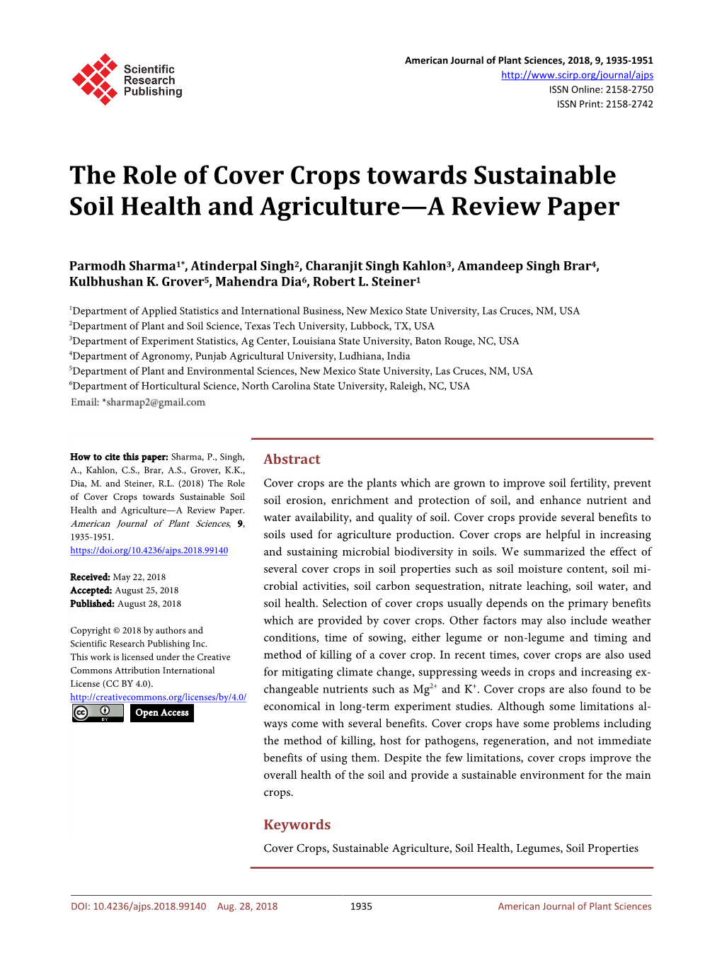 The Role of Cover Crops Towards Sustainable Soil Health and Agriculture—A Review Paper