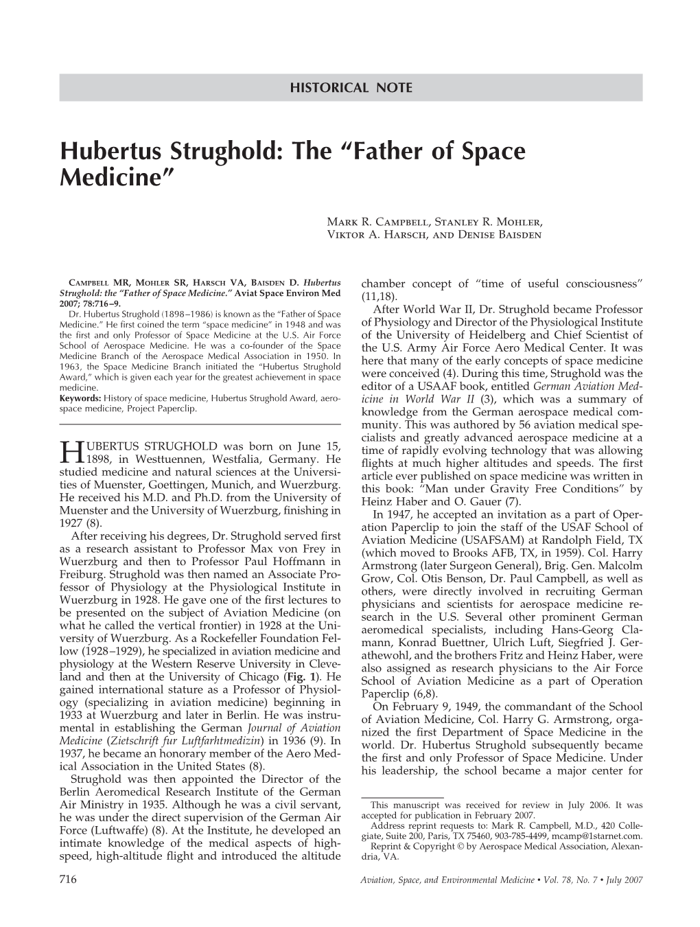 Hubertus Strughold: the “Father of Space Medicine”