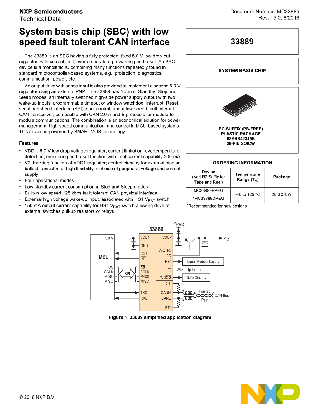 System Basis Chip (SBC) with Low Speed Fault Tolerant CAN Interface 33889