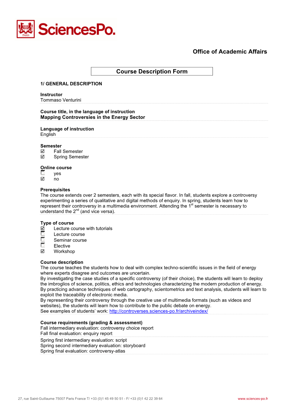 Office of Academic Affairs Course Description Form