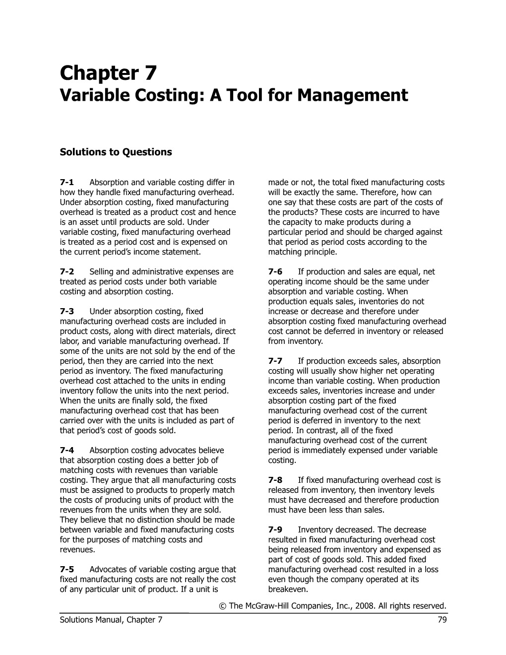 Chapter 7 Variable Costing: A Tool For Management