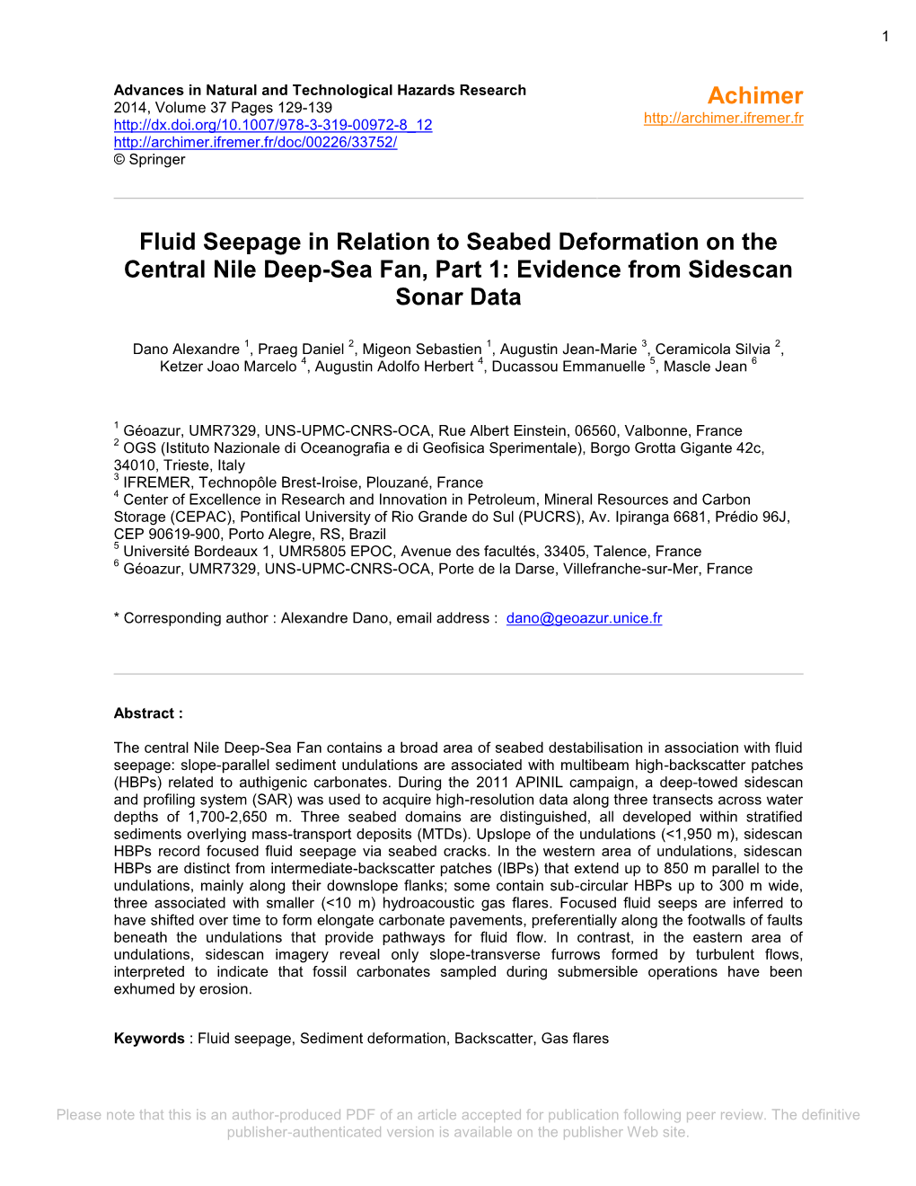 Fluid Seepage in Relation to Seabed Deformation on the Central Nile Deep-Sea Fan, Part 1: Evidence from Sidescan Sonar Data