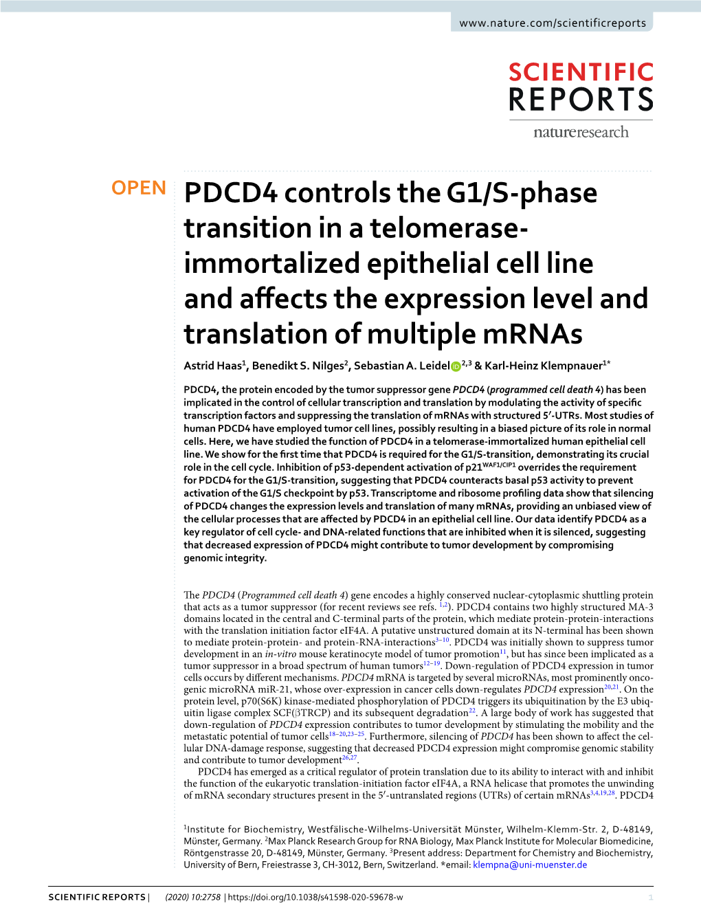 PDCD4 Controls the G1/S-Phase Transition in a Telomerase