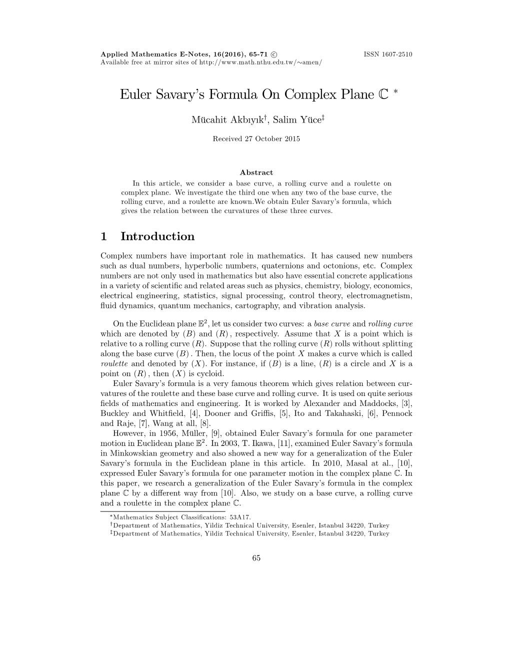 Euler Savary's Formula on Complex Plane