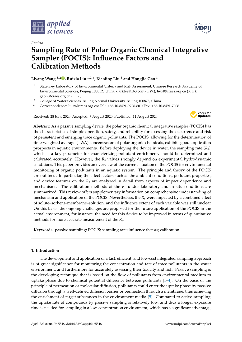 Sampling Rate of Polar Organic Chemical Integrative Sampler (POCIS): Inﬂuence Factors and Calibration Methods