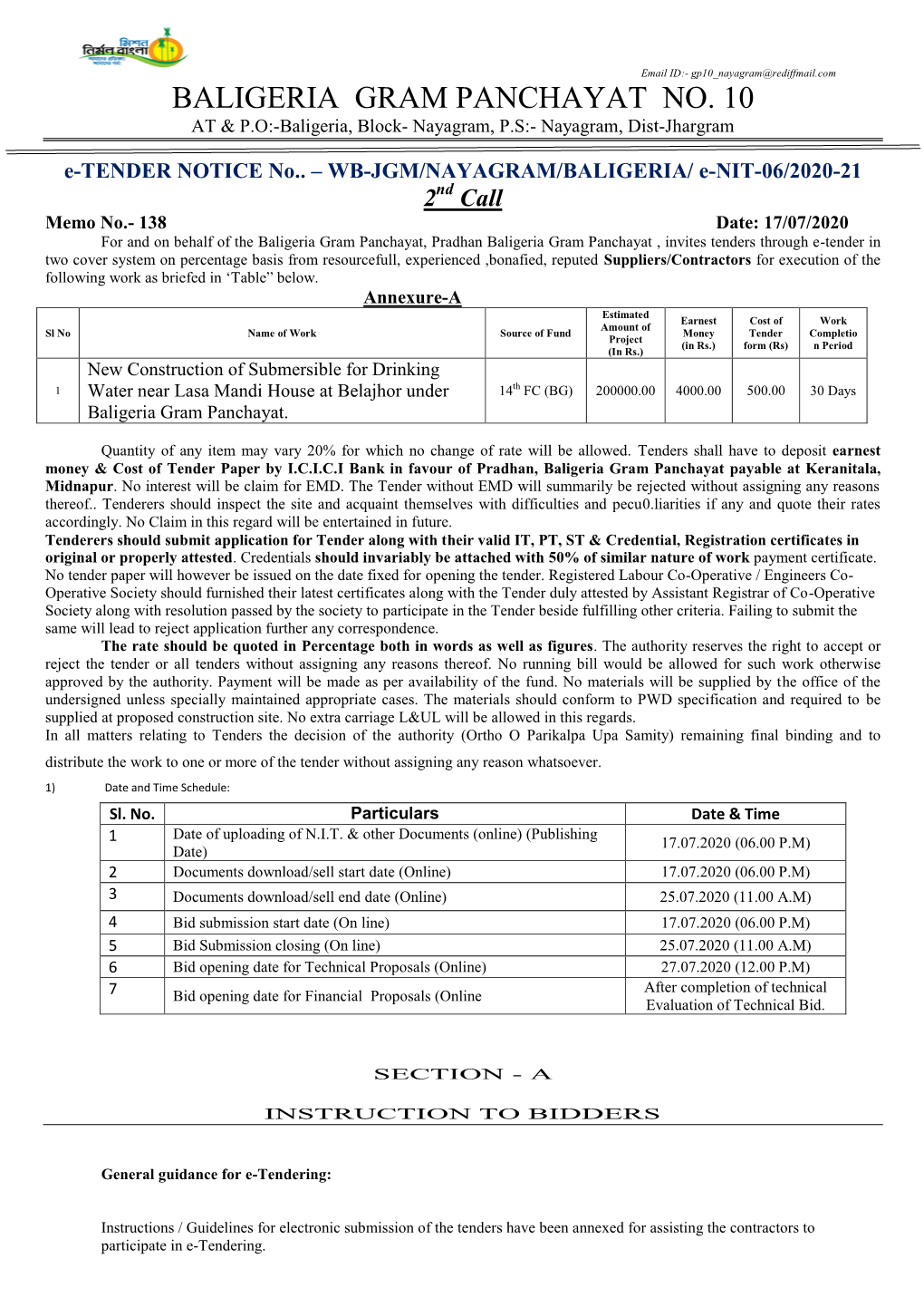 BALIGERIA GRAM PANCHAYAT NO. 10 at & P.O:-Baligeria, Block- Nayagram, P.S:- Nayagram, Dist-Jhargram