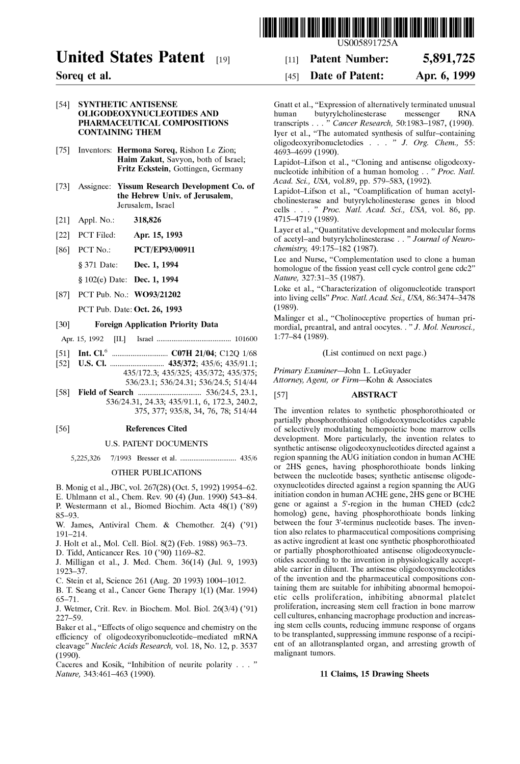 United States Patent (19) 11 Patent Number: 5,891,725 Soreq Et Al