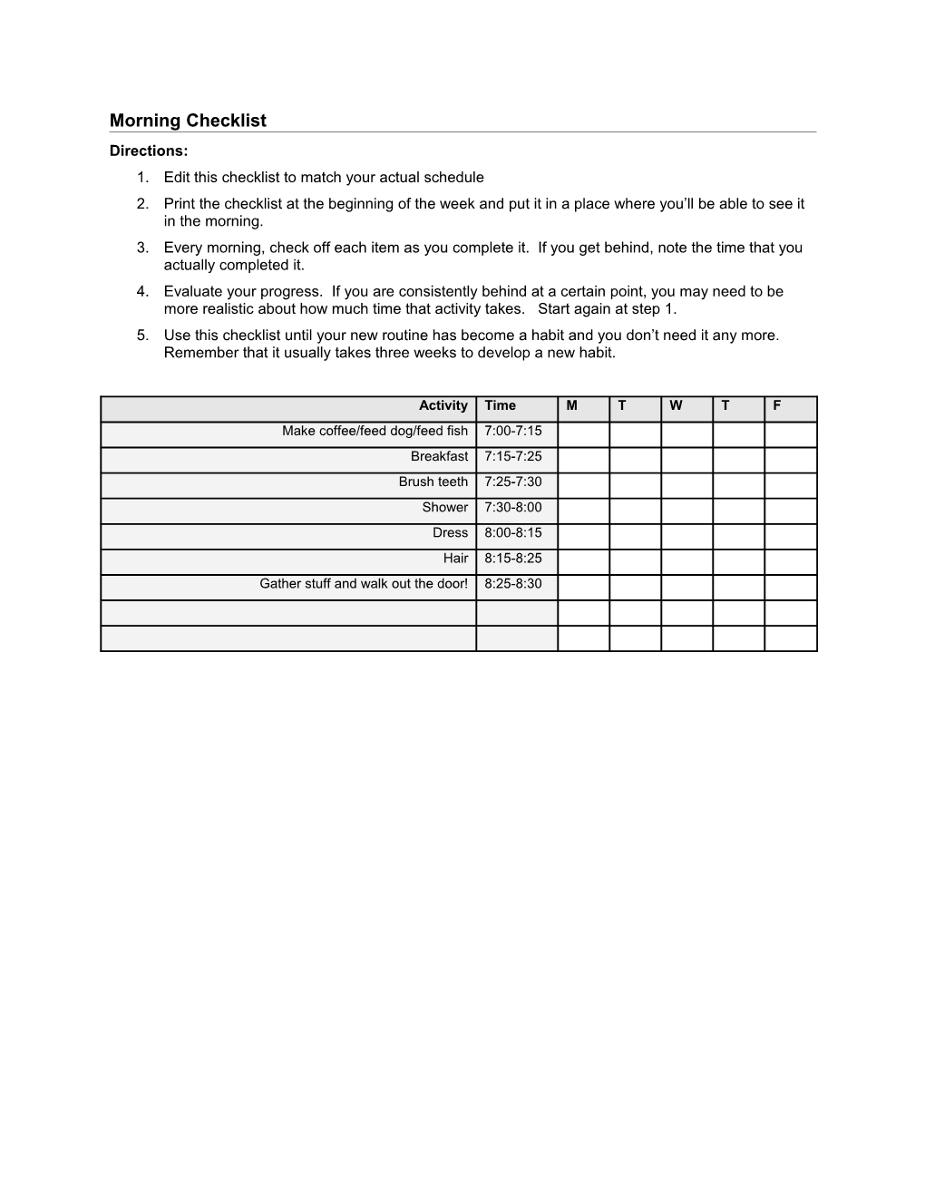 1. Edit This Checklist to Match Your Actual Schedule