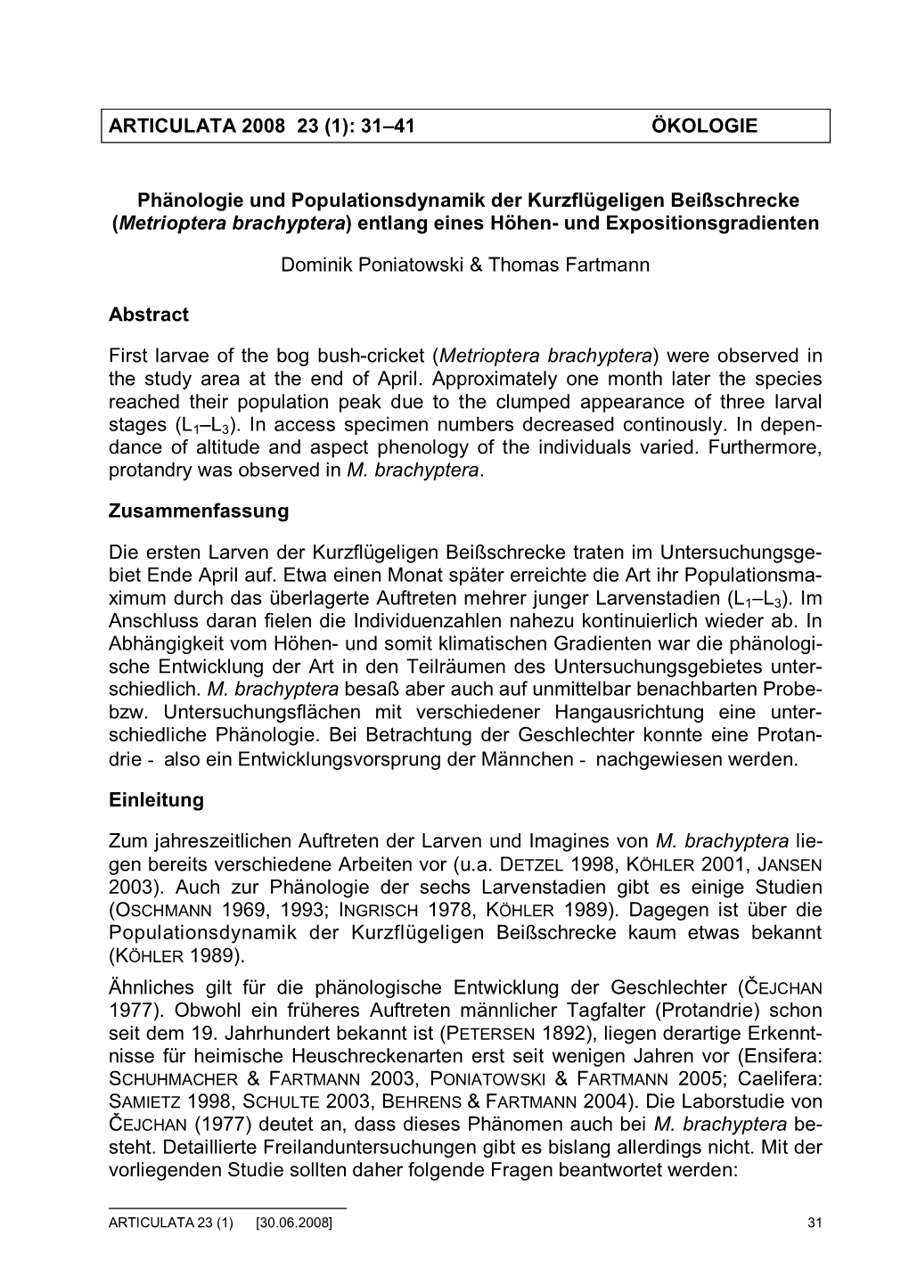 Metrioptera Brachyptera) Entlang Eines Höhen- Und Expositionsgradienten