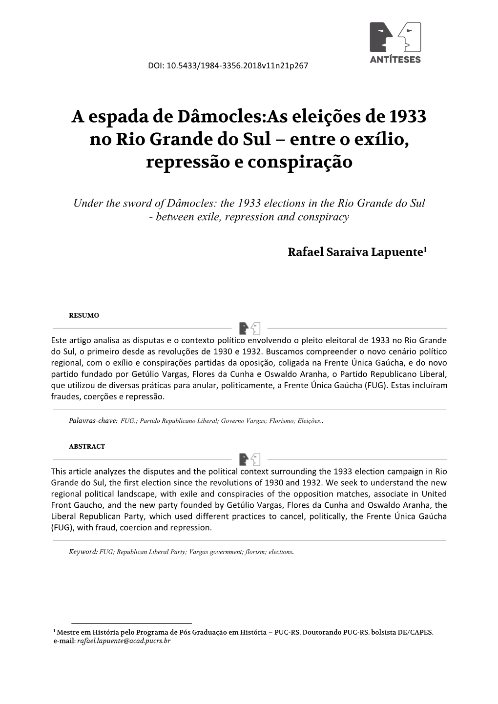 A Espada De Dâmocles:As Eleições De 1933 No Rio Grande Do Sul – Entre O Exílio, Repressão E Conspiração