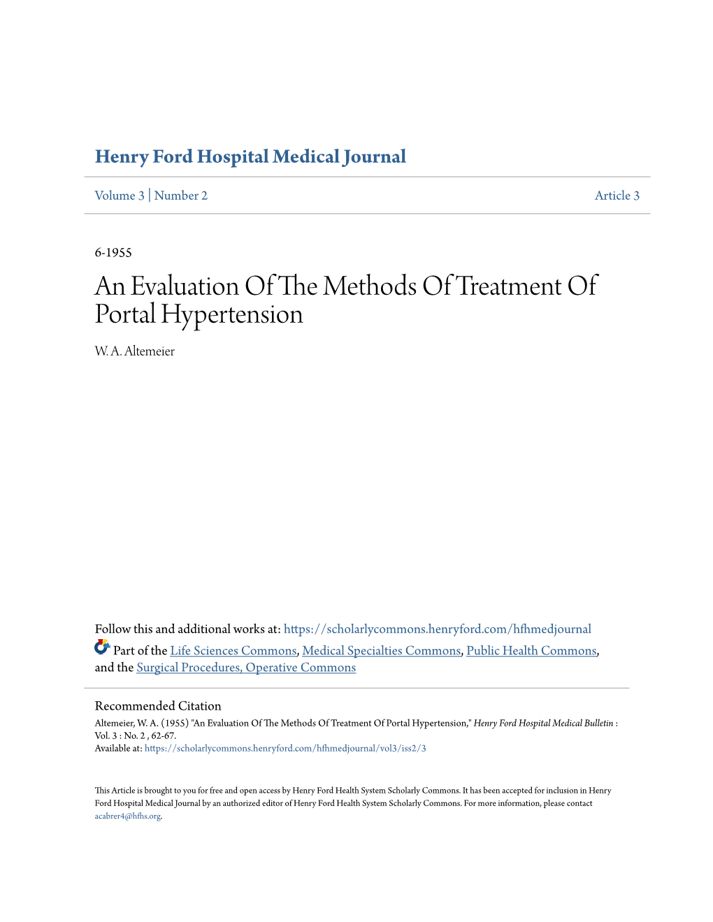 An Evaluation of the Methods of Treatment of Portal Hypertension