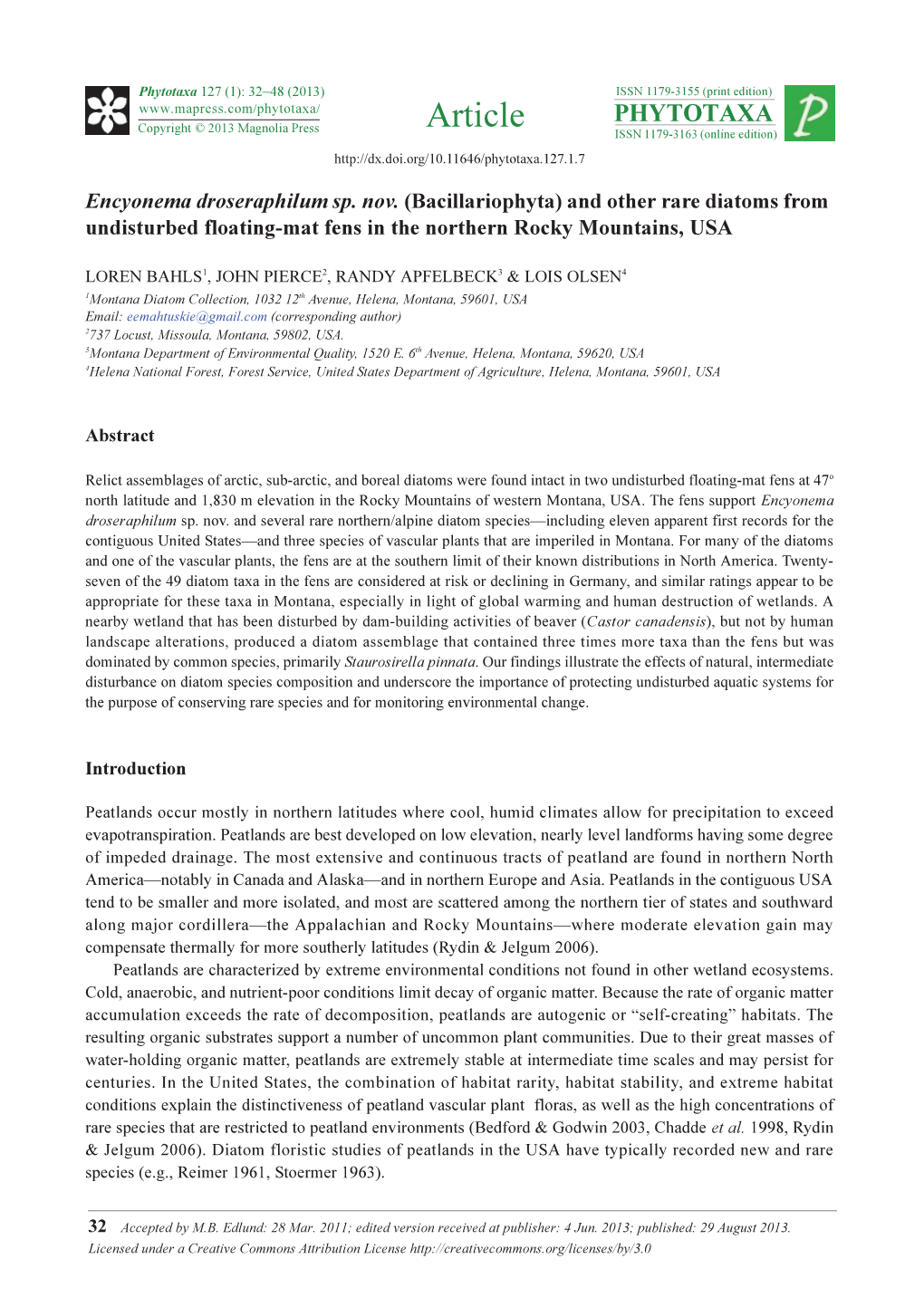 Bacillariophyta) and Other Rare Diatoms from Undisturbed Floating-Mat Fens in the Northern Rocky Mountains, USA